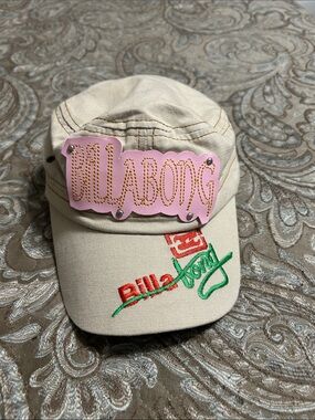 Billabong Beige Cap with Pink Logo Plaque and Red-Green Embroidery